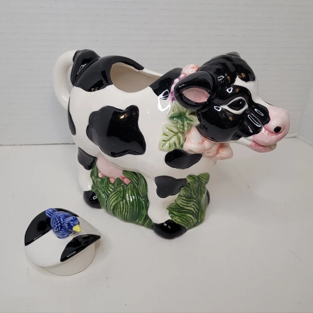 Black White Holstein Cow Teapot with Blue Bird on Back Vintage Wangs Intl Cerami